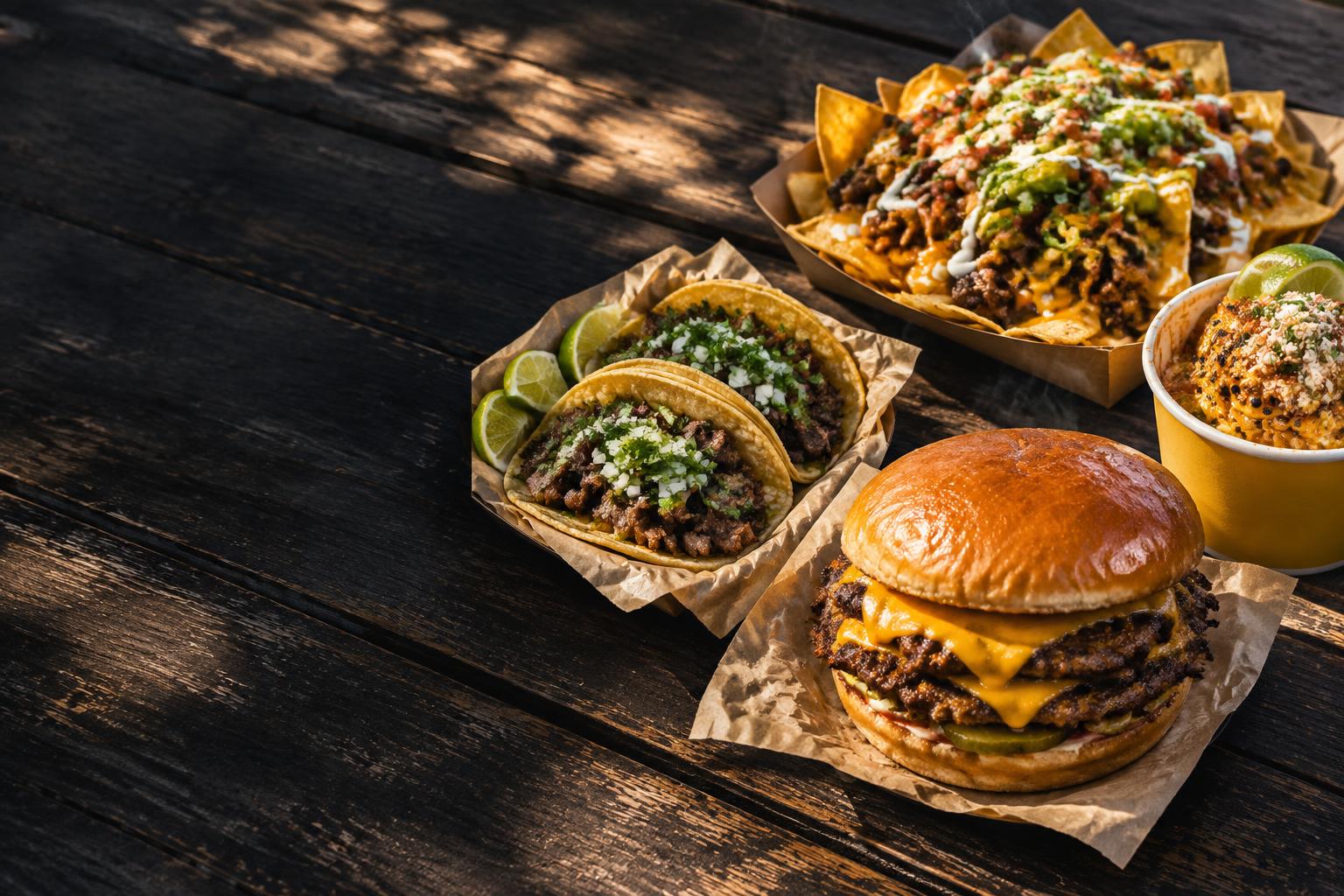 Smashburger, steak tacos, nachos, and street corn from Mama’s Porch & Grill